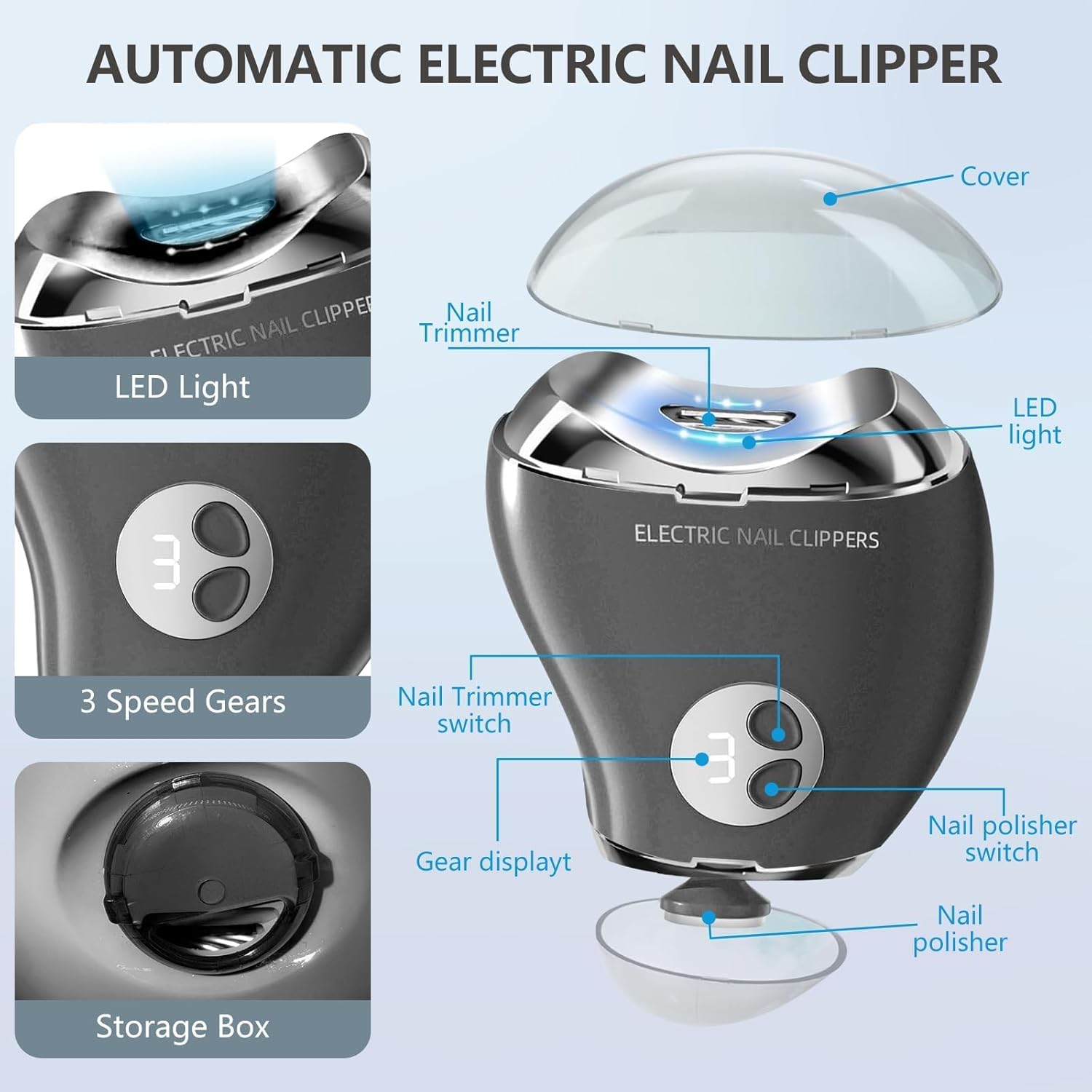 Electric Nail Clippers for Seniors, Women & Adults, 3-Speed LED Automatic Fingernail Trimmer with Storage, Safe Baby Nail Care Grinder/Polisher – for Fingernails Only (Black)