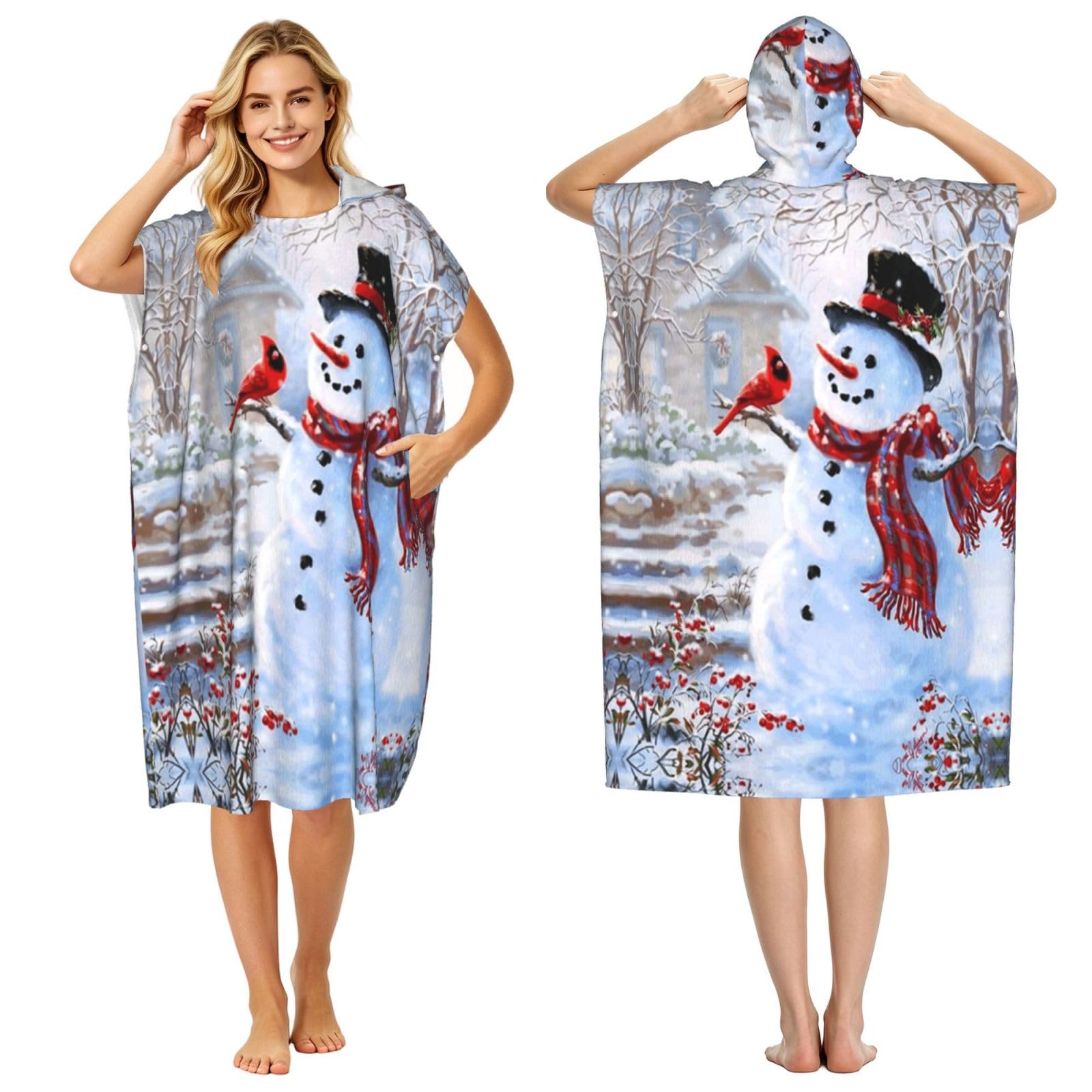Peignoir à capuche bonhomme de neige et oiseaux pour adulte | Poncho de plage léger et séchage rapide