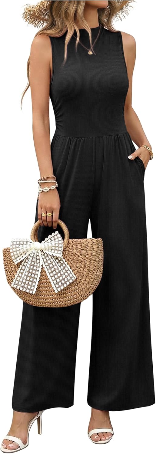 Ekouaer Summer Jumpsuits for Women Casual Mock Neck One Piece Outfits Sleeveless Formal Wide Leg Pants Romper with Pockets