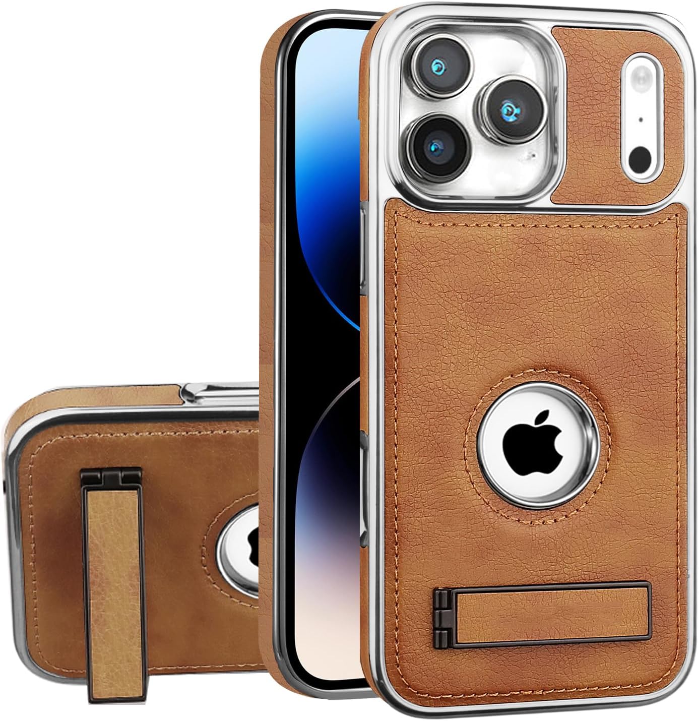 Leather Case for iPhone 17 Pro Max with Kickstand, 2 Adjustable Stand Modes, Retro Luxury Business Electroplated Edges Drop Protection Slim Back Cover for iPhone 17 Pro Max (Brown)