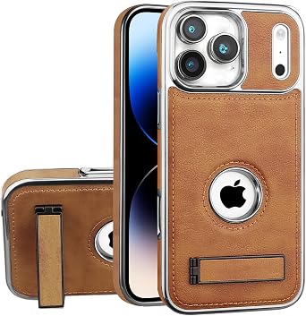 Leather Case for iPhone 17 Pro with Kickstand, 2 Adjustable Stand Modes, Retro Luxury Business Electroplated Edges Military-Grade Drop Protection Slim Back Cover for iPhone 17 Pro Brown