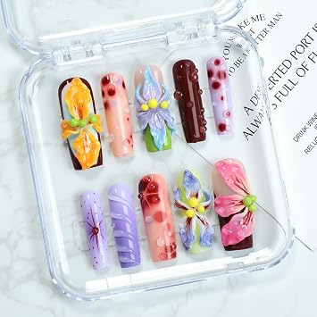 Flower Press on Nails Handmade Long Coffin Muti-Layer Gel Fake Nails Gradient Floral 3D Waterdrop Pattern Design Spring Summer Multicolor Thick False Nails French Tip Acrylic Nails for Women Size S