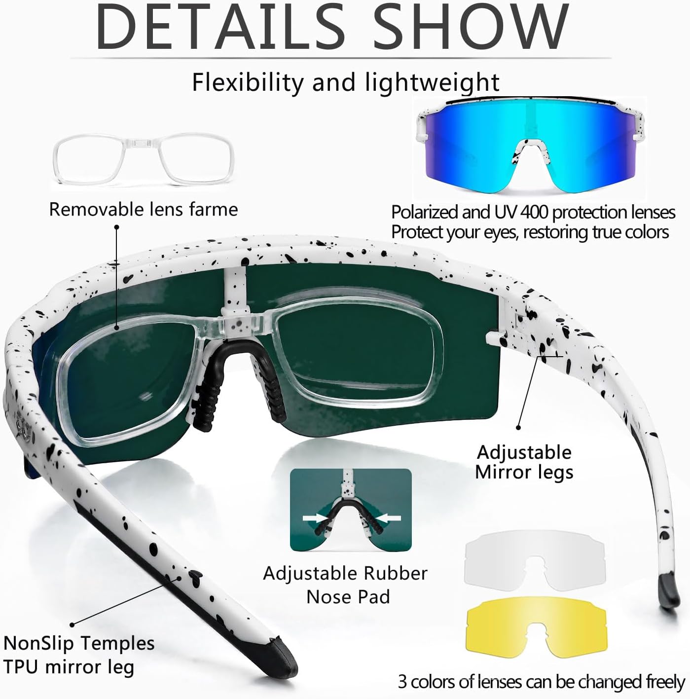 SPOSUNE Polarized Cycling Glasses with 3 Interchangeable Lenses for Women Men, TR90 Sports Sunglasses Running Baseball - Image 3