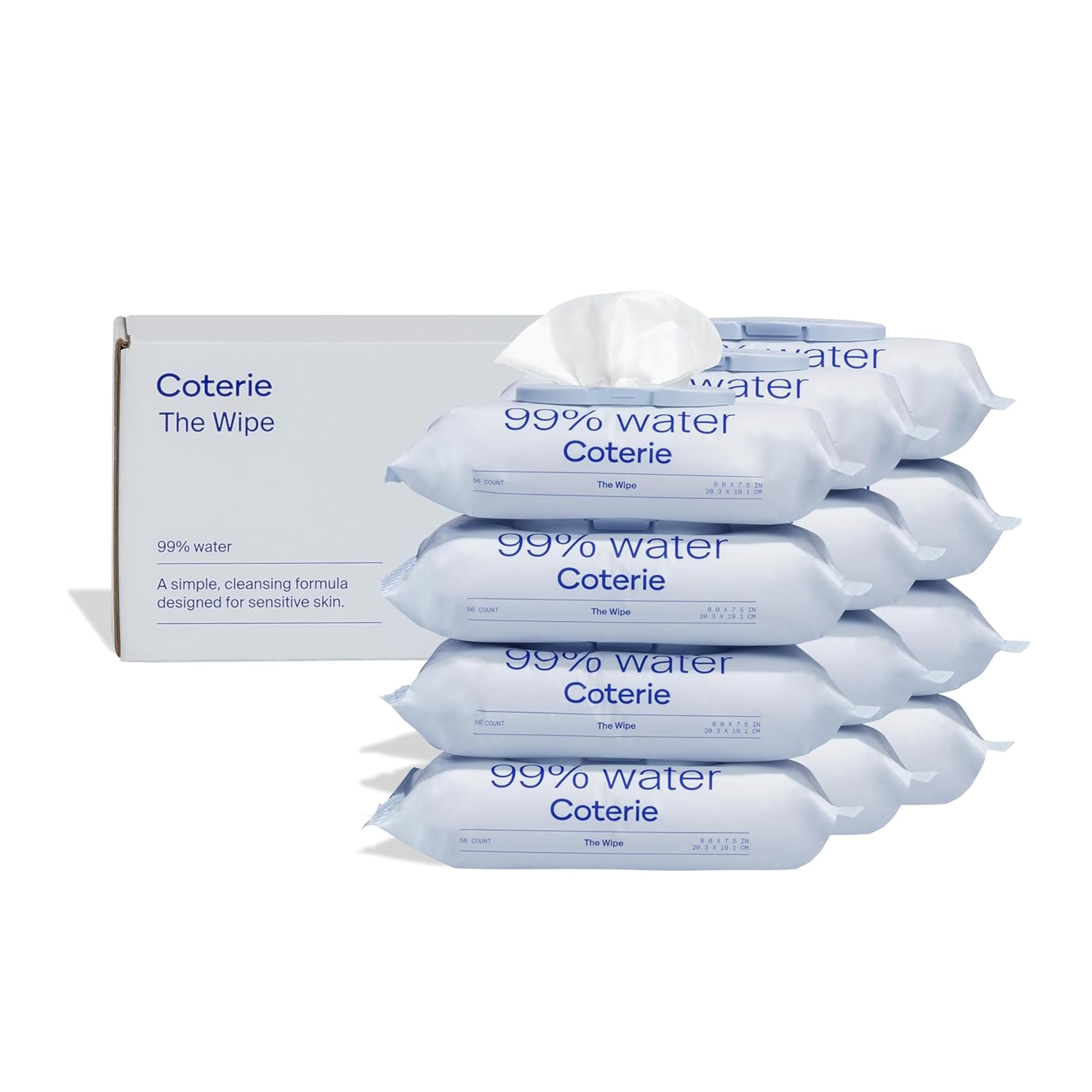 Coterie Toallitas húmedas para bebés para pieles sensibles, a base de plantas y fibras sin plástico, 99% de agua, hipoalergénicas, pH equilibrado, sin perfume, esenciales para bebés limpios y suaves