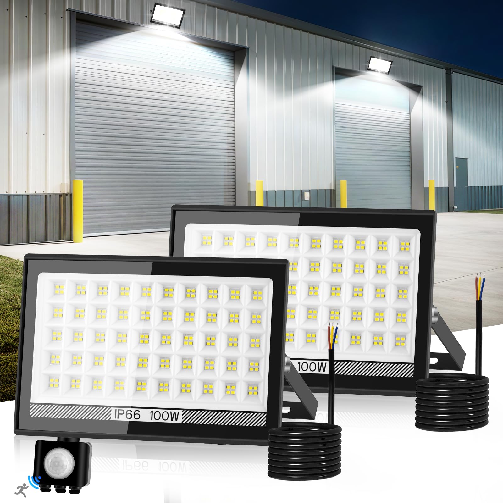 T-SUN LED Strahler mit Bewegungsmelder Außen, 100W 10000LM,2 Stück | Superhell aussenlampe, 200LEDs Fluter, IP66 Wasserdicht Wandleuchte, 6000K Kaltweiß LED Außenleuchte für Garten Garage Hof