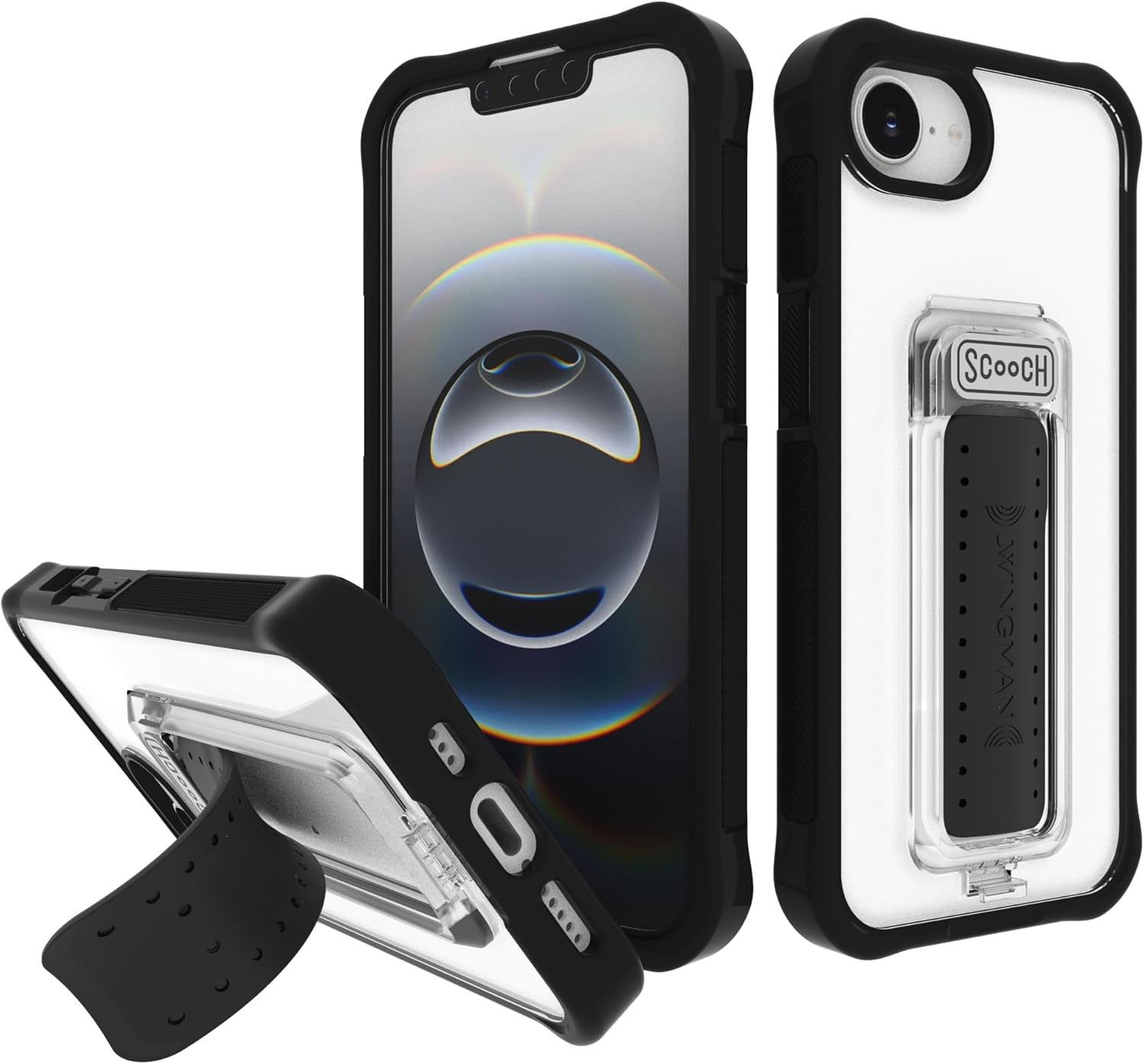 Scooch® for iPhone 16e Case with Stand, Wingman 5-in-1 Kickstand Case, Military Grade Drop Protection, Pop-Out Kickstand, Grip, Car Mount, Tuxedo Clear