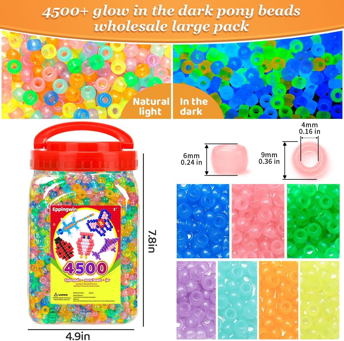 Eppingwin 4500pcs Wholesale Large Pony Beads (6x9 mm) Bucket, Easy Storage Kandi Bead Bulk for Halloween Christmas, Beads for Jewelry Making Crafts (Glow in The Dark)