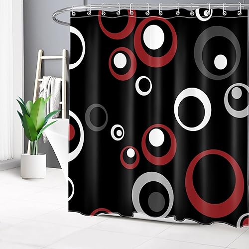 Miniatura 3 de HVEST Cortina de ducha geométrica abstracta roja con ganchos, círculo abstracto gris y blanco sobre negro, cortina de ducha para baño, juego de