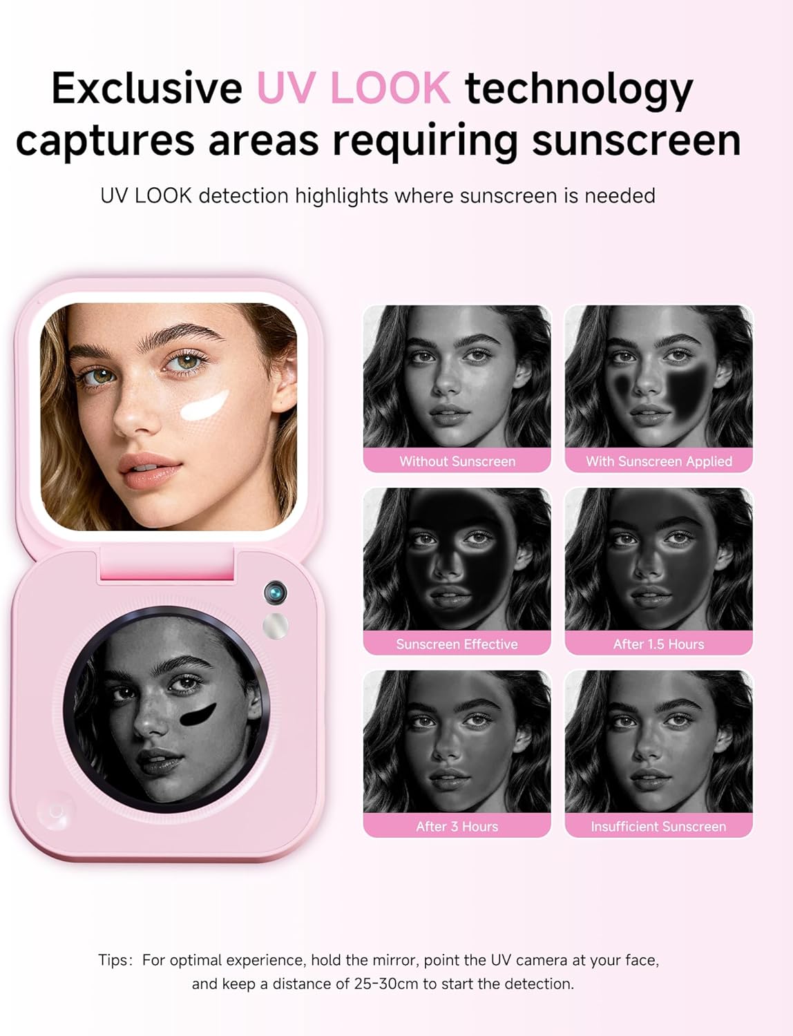 inewme Mini UV Camera Mirror for Sunscreen Check, Portable 3" Compact Travel Mirror with LED Light & UV-Sensing Color Changing Shell, 3-Color Dimming, Tech Beauty Gift for Skincare Lovers - Image 2