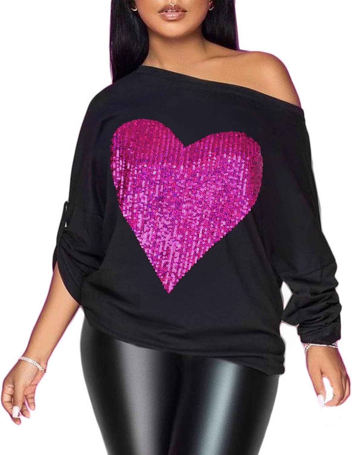 PESION Womens Off The Shoulder Tops Sexy Shiny Metallic Shirts Long Sleeves Fashion Graphic T-Shirts Blouses