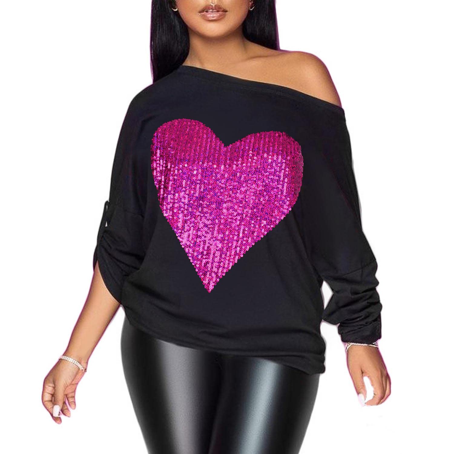 PESION Womens Off The Shoulder Tops Sexy Shiny Metallic Shirts Long Sleeves Fashion Graphic T-Shirts Blouses
