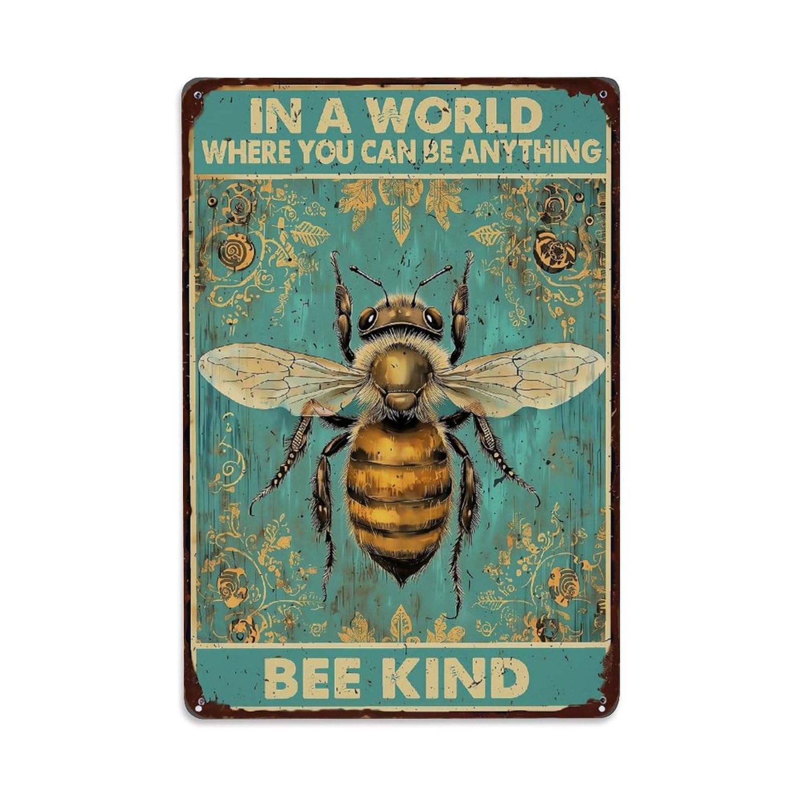 Vintage Bee Kind Poster Design Retro Metal Tin Sign, Vintage Metal Poster for home, Gaming Room, Studio Workshop,Bar,Garage Wall Art Decor 8x12 Inch