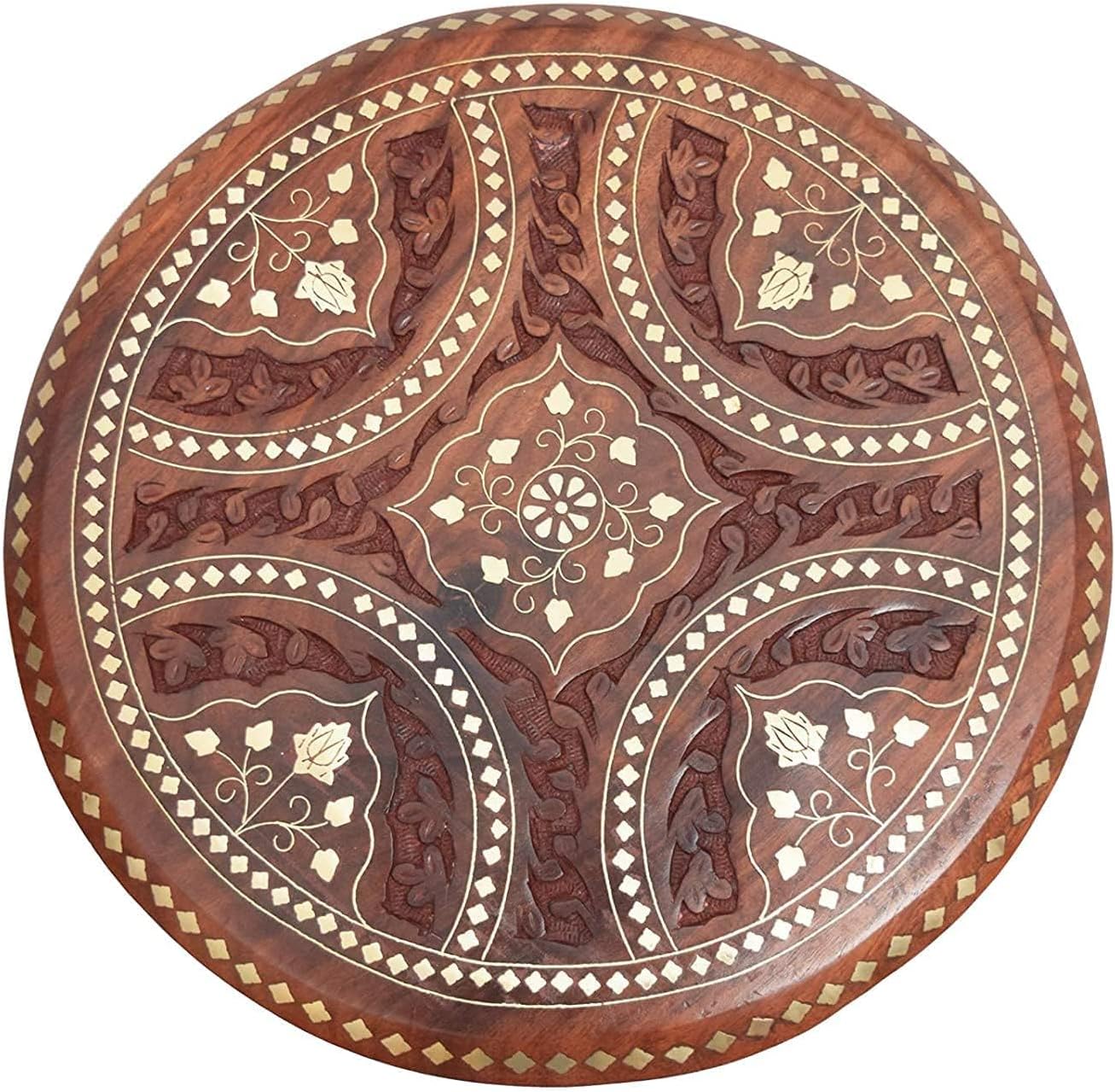 Handcrafted Foldable Side Table Carving Brass Inlayed Design Round Coffee Table for Living Room Brown Large 12x12 Inches