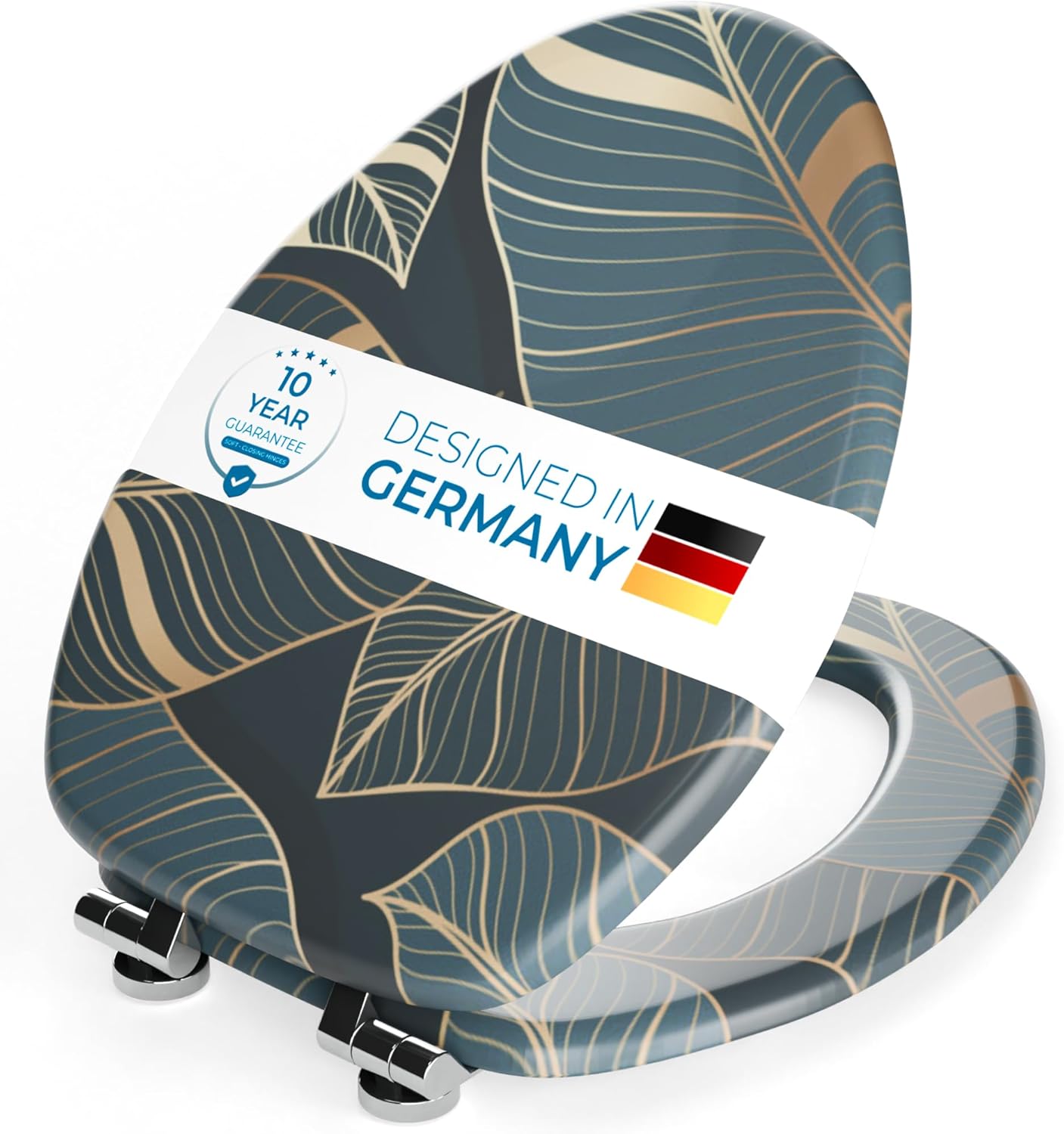 SANILO Wooden Toilet Seat with Soft Close [ELONGATED] - Decorative, Quiet & Slow Close Molded Wood Seat - With Strong Bumpers & Hinges - Adjustable Fit - Monstera