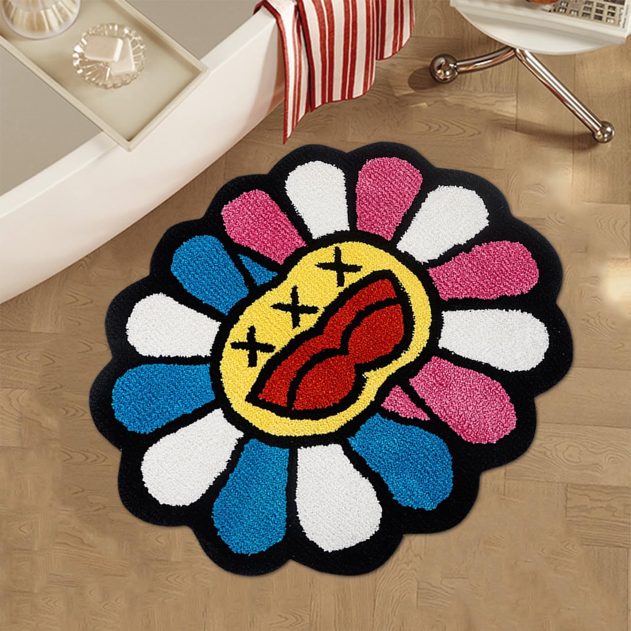 Trippy Flower Rug Cool Rugs Fun Pink Blue Bathroom Rugs Tufted Large Extra Soft Quick Dry Non Slip Bath Mats Water Absorbent Bathroom Mat Washable Aesthetic Carpet, 2.6 x 3.2FT