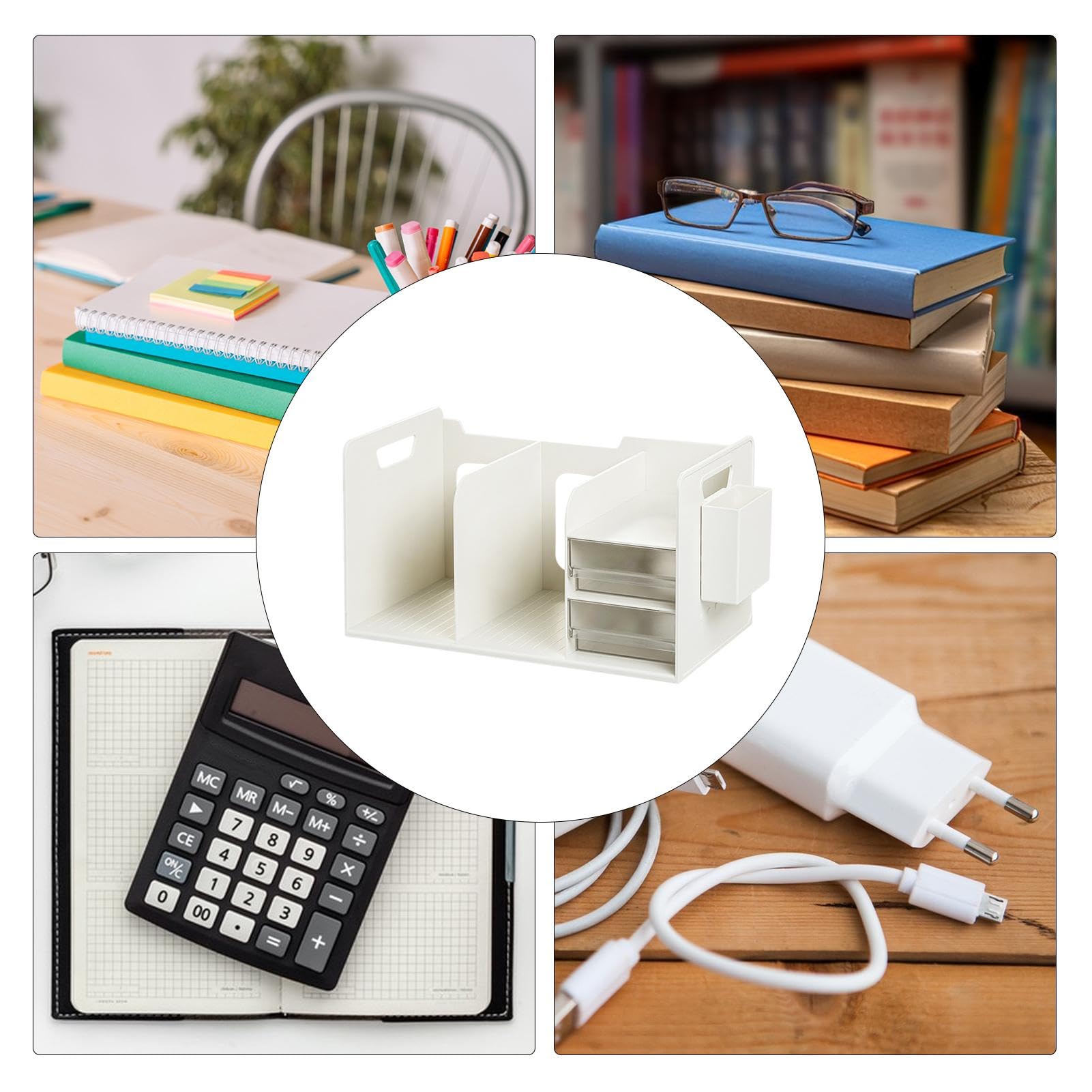 Organizer da scrivania con supporto per libri, libreria da scrivania, organizer multifunzione da scrivania con 2 cassetti, solido supporto per libri di facile accesso, per cancelleria, libri, riviste