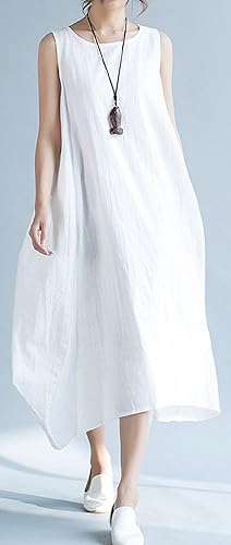 Miniatura 3 de GGUHHU Vestido de algodón y lino para mujer con bolsillos, sin mangas, holgado, holgado