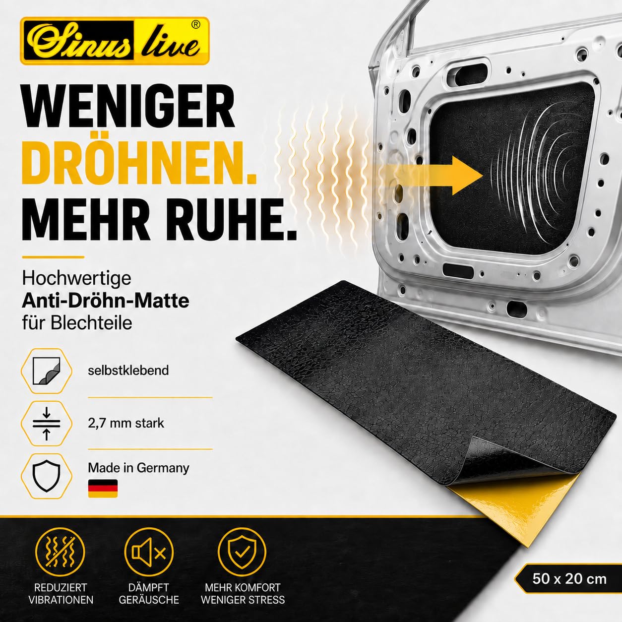 Sinuslive ADM Anti-Dröhn-Matte 50 x 20 cm selbstklebend, 2,7 mm Dämmmatte zur Entdröhnung von Blechteilen, mineralisch gefüllte Spezialmatte, schwarz geruchslos, Made in Germany, Bitumen