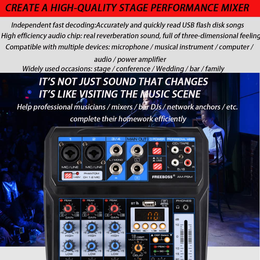 Mixer DJ a 6 canali, interfaccia audio per console USB/MP3/Bluetooth/DJ con interfaccia digitale 48 V Phantom Power Stereo per live streaming Youtube / PC / studio di registrazione / gaming