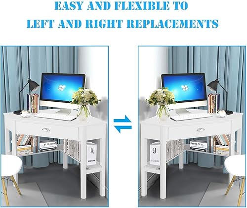 Miniatura 6 de Escritorio esquinero para computadora, mesa de ahorro de espacio con cajón y estantes, estación de trabajo de 90 triángulos para oficina en casa,