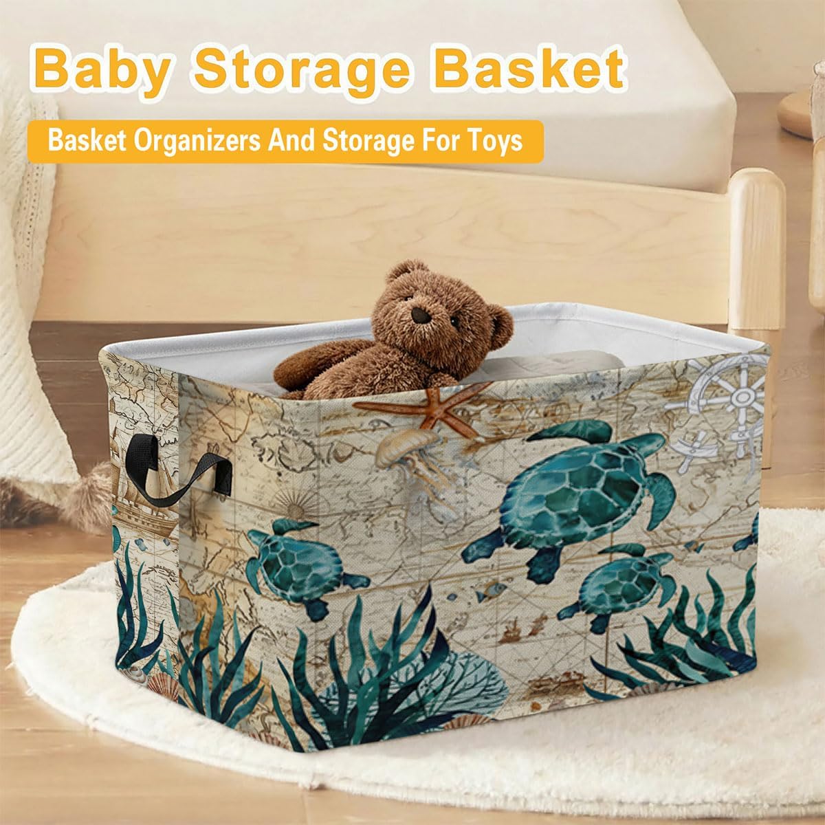 56L Sea Turtle Laundry Basket Clothes Hamper with Handles,Foldable Blanket Storage Large Laundry Hamper with Waterproof PE,Toy Storage Bin Organizer,Cube Clothes Organizer,Home Decor