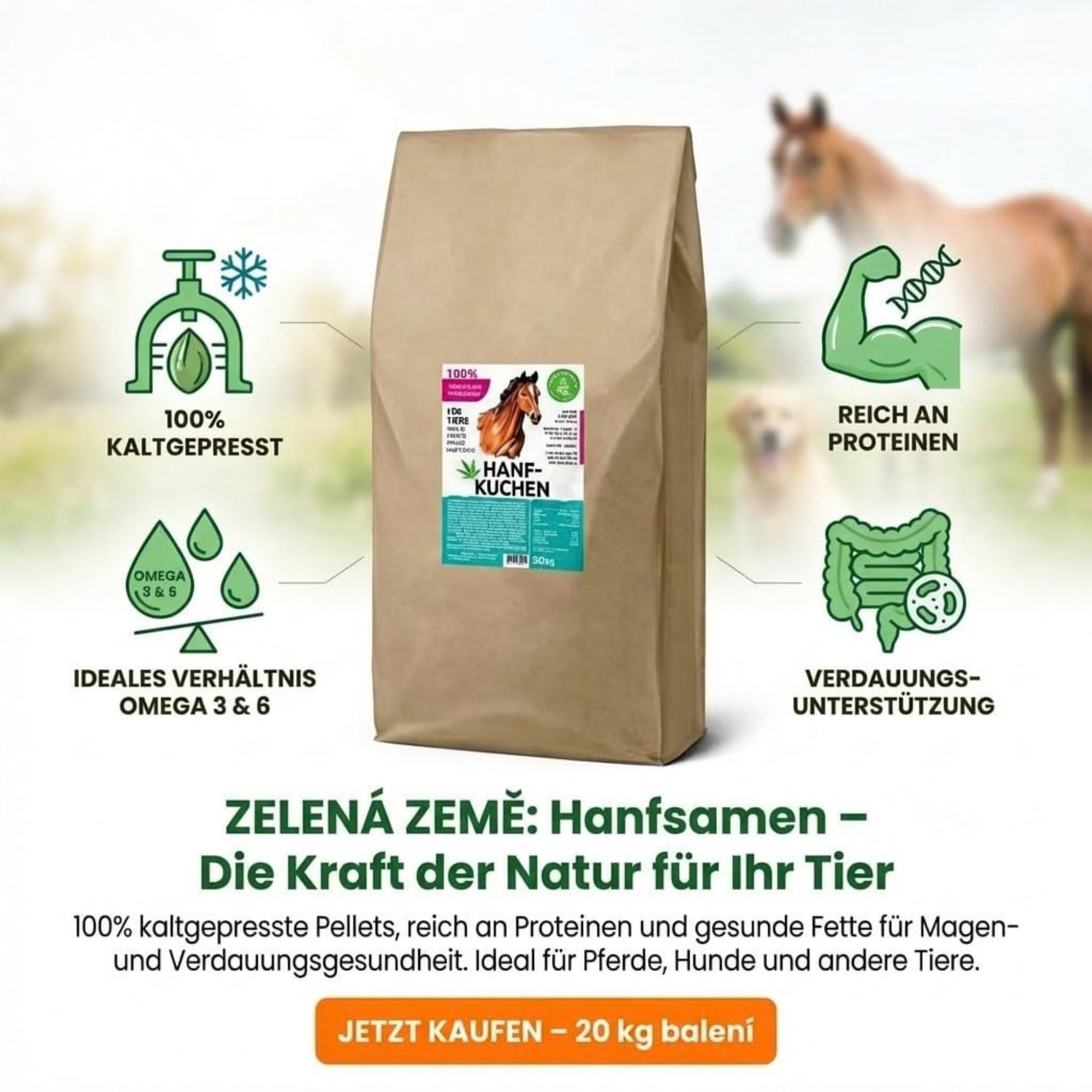 Hanfkuchen für Tiere, 20 kg kaltgepresste Hanfpellets | 100 % kaltgepresster Trester, Ergänzungsfuttermittel für Tiere.
