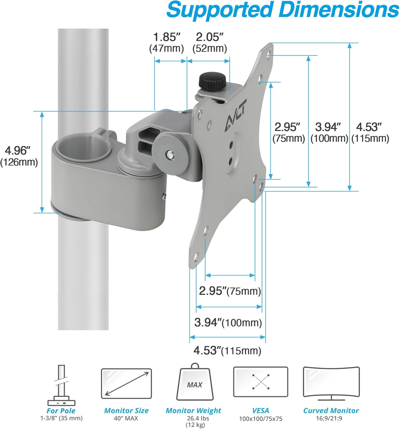 AVLT Single 40 Inch Monitor Head Add-On Kit for Pole Top Mount –Gray, Fits Ultrawide Screen, Supports 26.4 lbs (12kg), for 1.38" (35mm) Pole, VESA Compatible, Workspace Upgrade Extension Arm