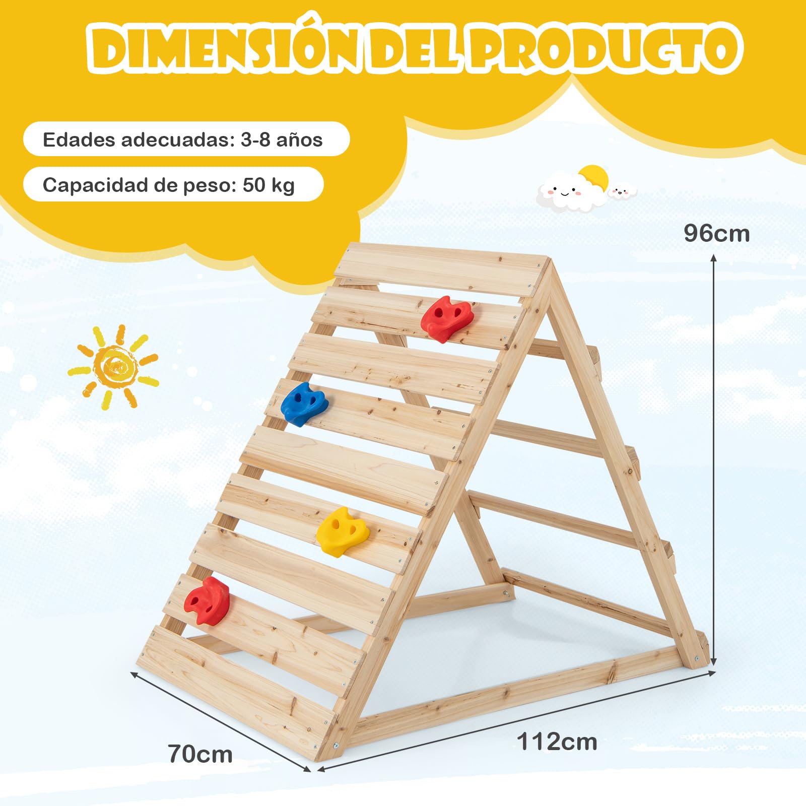 COSTWAY Triángulo Escalada para Niños, Escalador Triangular de Doble Cara con Coloridas Rocas y Escaleras para Escalar, Triángulo de Aprendizaje Montessori para Niños de 3-8 Años, Natural