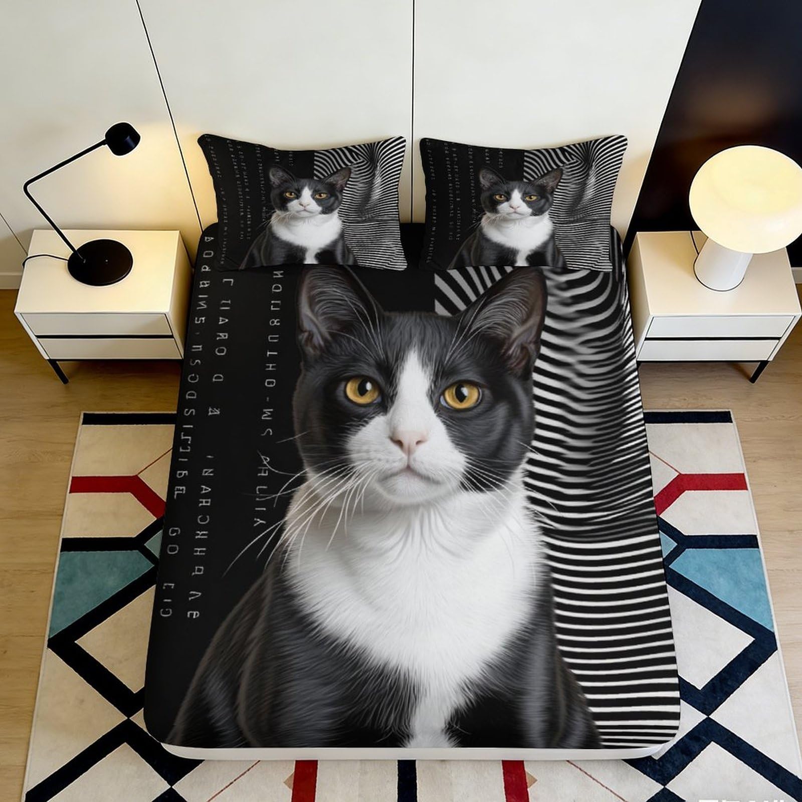 3D Printed Black Cat Portrait Fitted Sheet Microfiber Soft Non-slip Bed Cover for Bedroom Dorm Mattress Protection Decor 180x200x25cm
