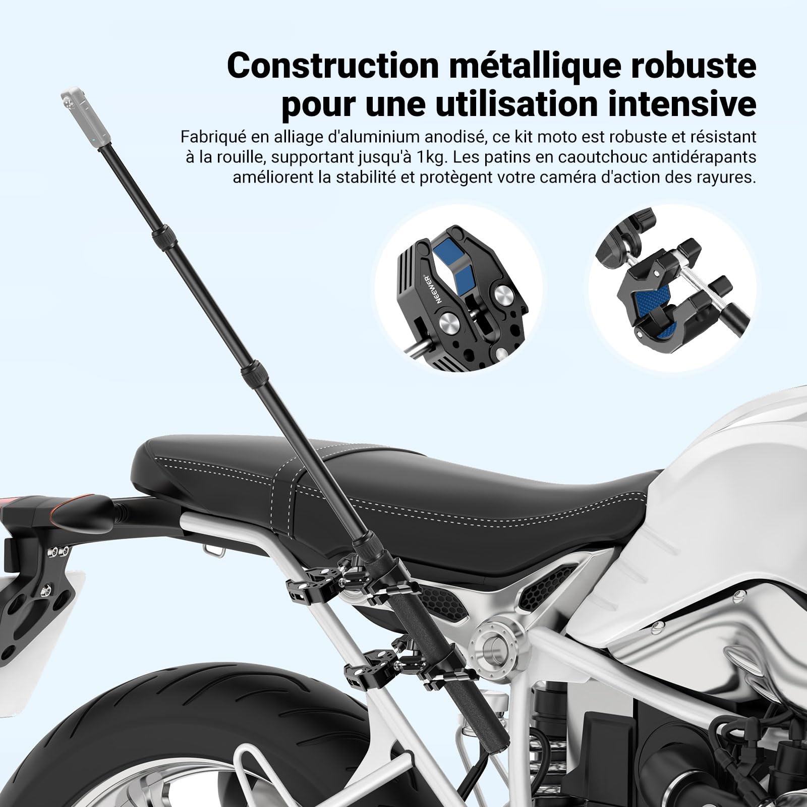 NEEWER Kit d'accessoires de montage de moto compatible avec GoPro Insta360 DJI, guidon de vélo invisible, support à double pince avec adaptateur de caméra d'action pour enregistrement vidéo POV, GP-30
