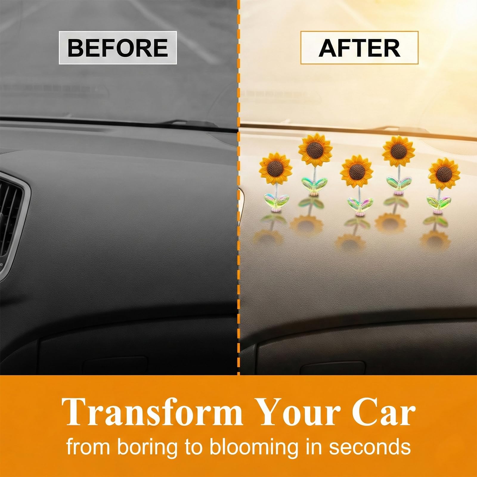 Set di 5 Girasoli Decorazioni Auto con Molla Oscillante, Accessori Auto Interno, Ornamenti Girasole per Cruscotto
