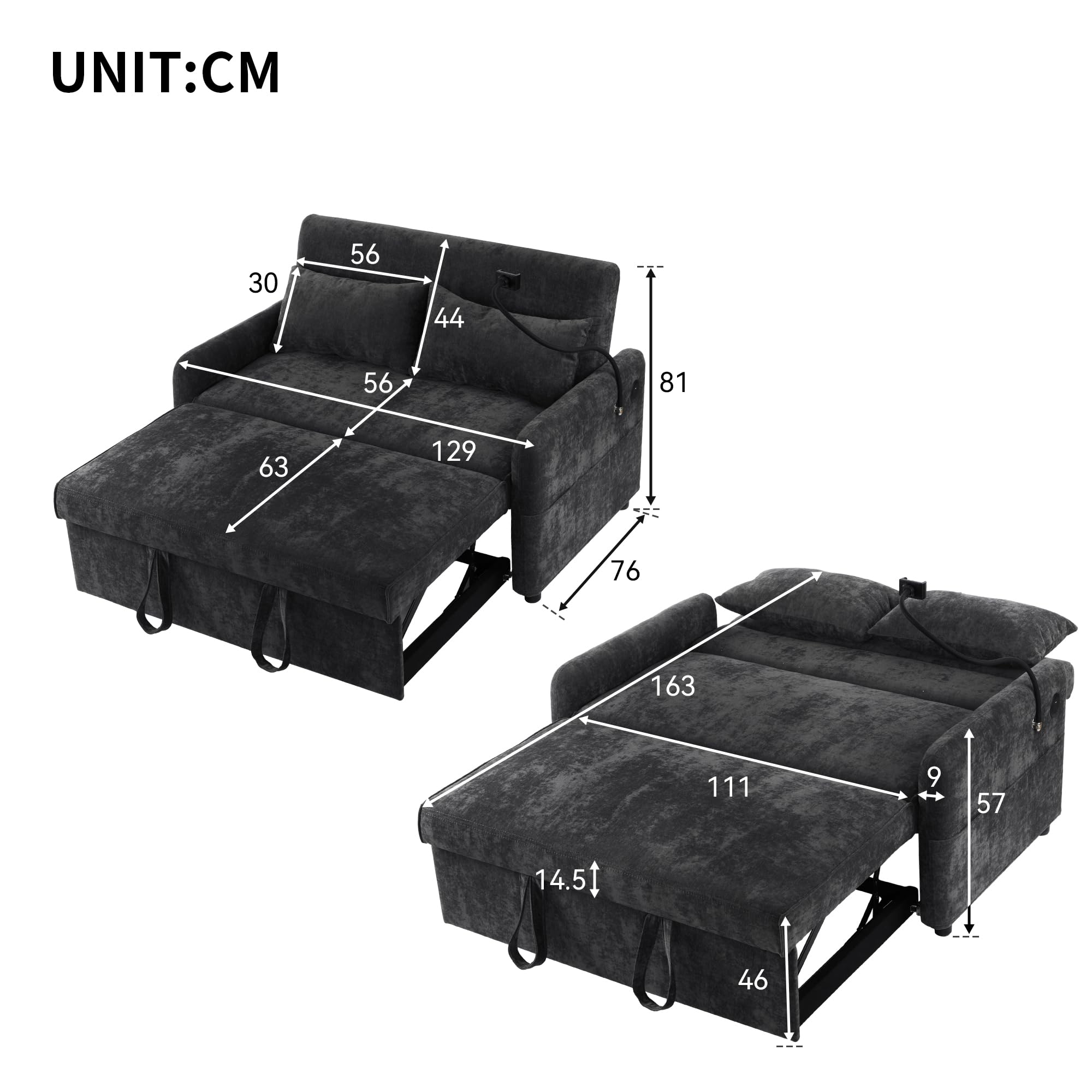Divano letto pieghevole doppio moderno, divano a 2 posti multifunzione con funzione di sonno, con schienale regolabile e supporto per telefono cellulare, porta di ricarica USB, adatto per
