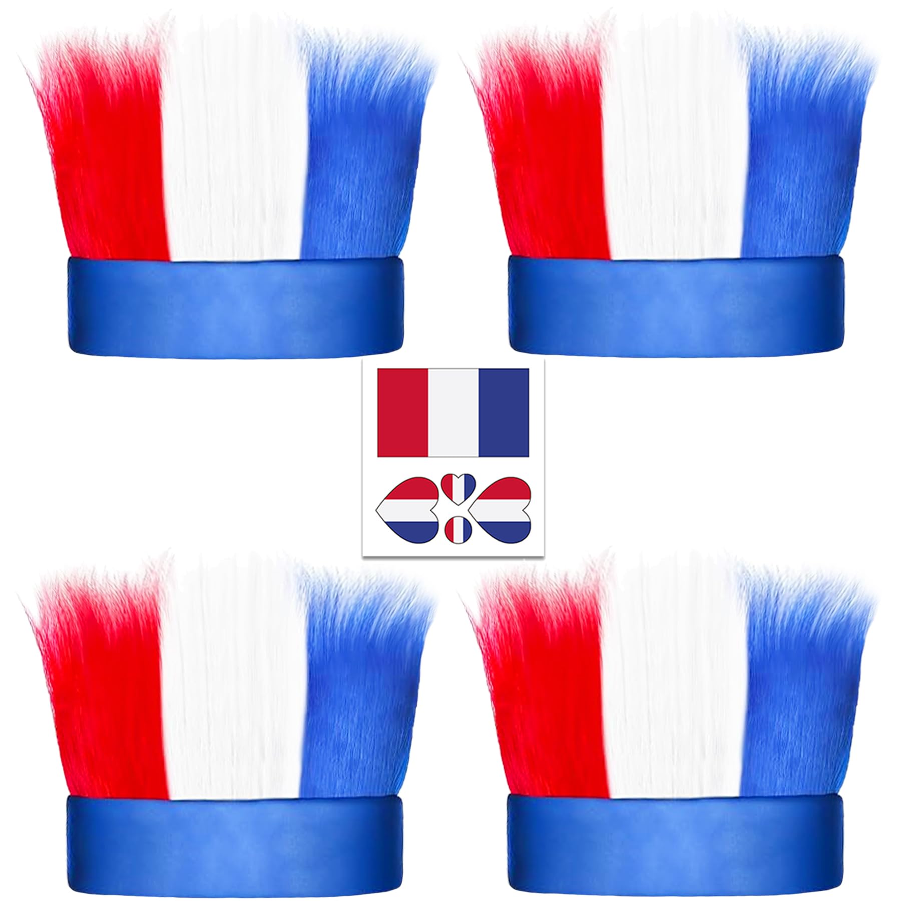 Vegove French Event Party Red White and Blue Hairy Costume Headband, Fans & Supporters Soccer Games Cheering Celebrate Bastille Day Faire La Fete Crazy Fur Hair Headwear Props (France Flag)