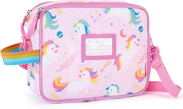 TOURIT Kids Lunch Box Insulated Lunch Bag for Girl Toddler with Water Bottle Holder, ID Tags, Water-Resistant Durable Rainbow Tote Bag Adjustable Strap Double Zipper for School, Pink Unicorn