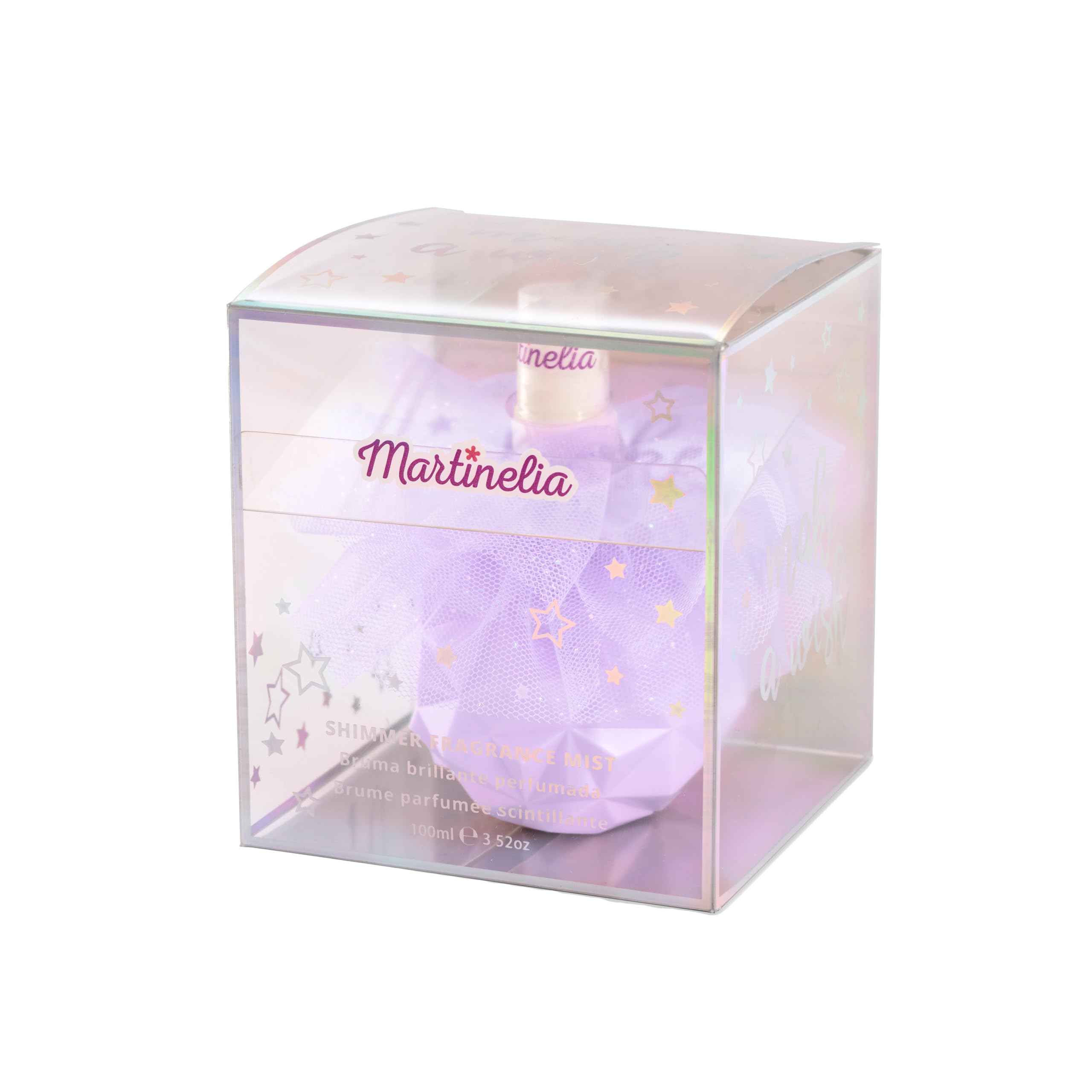 Martinelia Nebbia profumata glitterata, 100 ml – Fragranza per bambina scintillante – Eau de Toilette Nebbia morbida per la pelle profumata, routine di bellezza, bella bottiglia spray viola con tulle