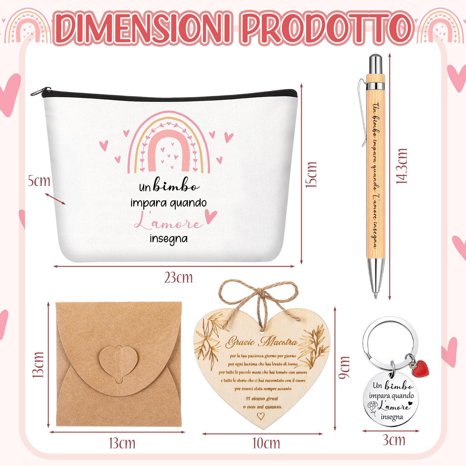 Jadive Set Regalo Maestra Fine Anno Borsa per Cosmetici Portachiavi Biglietto di Ringraziamento a Forma di Cuore in Legno Penna a Sfera in Legno Regalo Creativo Addio per Insegnante