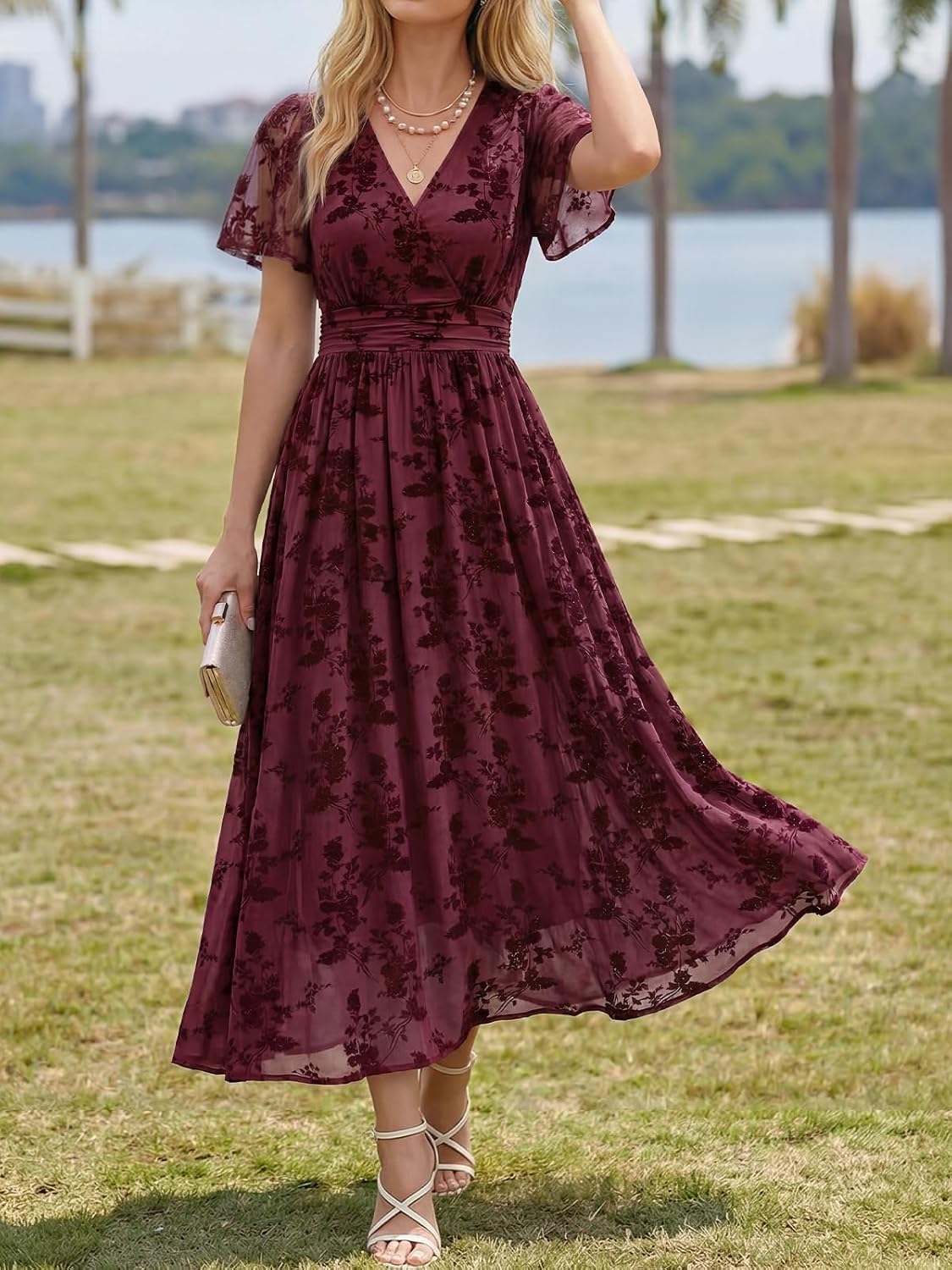 LILLUSORY Womens Summer Floral Maxi Dress Short Sleeve V Neck Wedding Guest Long Dresses with Pockets