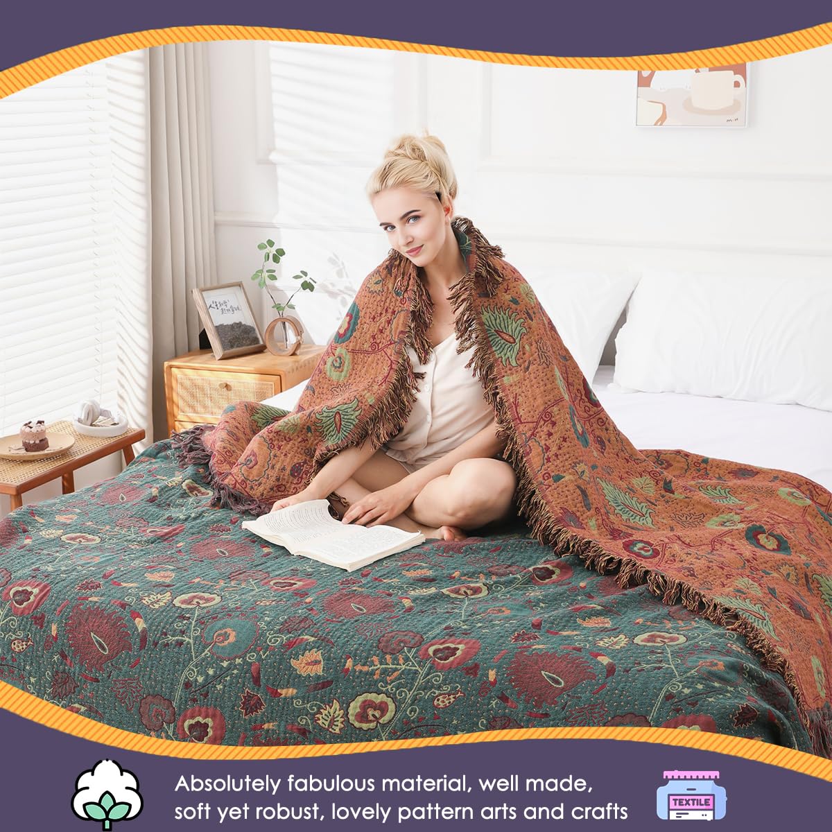 Mantas Sofá Plaid Foulard Sofa Algodón Boho Verano Inverno Estampado de Hojas Florales Multiusos Cubrecama para Cama para Toda Estación, Verde Oscuro, 150x200cm