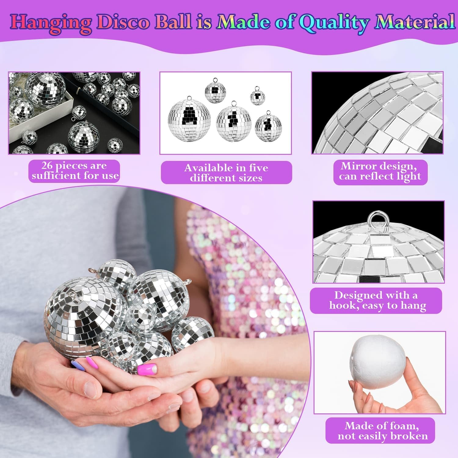 Flasoo 26 Pcs Disco Ball, 5 Sizes Disco Ball Ornaments Mini Mirror Silver Disco Balls Cake Topper Disco Themed Party Christmas Tree Ornaments Supplies (3.2inch, 2.4 Inch, 2 Inch, 1.6 Inch, 1.2 Inch)
