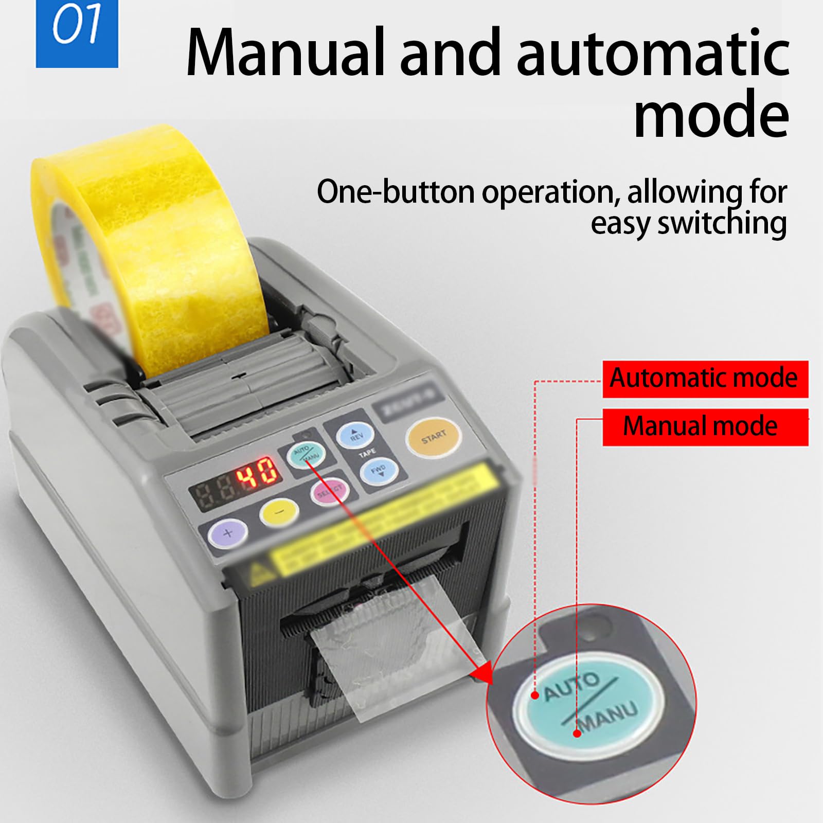 Dispensador automático de cinta, máquina de corte de cinta eléctrica con ajustes de memoria, modos manuales/automáticos para un corte eficiente de cinta en la oficina y el hogar