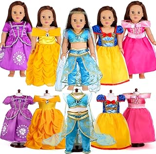 18-Inch Girl Doll Clothes Princess Dress - 5 Pc Different Princess Dress Set Includes Jasmine, Snow White, Belle, Rapunzel and Aurora Fits 18â€ Dolls (Set5-01)