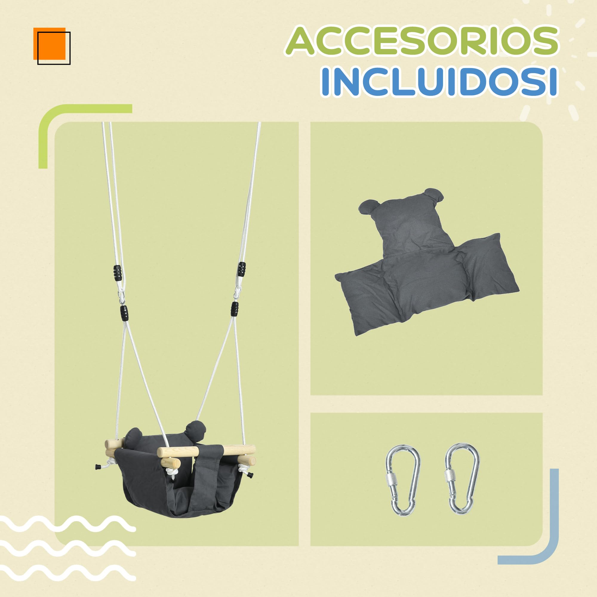 AIYAPLAY Columpio para Bebés 9-36 Meses 40x40x110-180 cm Gris Oscuro | Columpio Infantil, Asiento Acolchado, Cuerdas Ajustables, Carga 70 kg, para Interiores y Exteriores