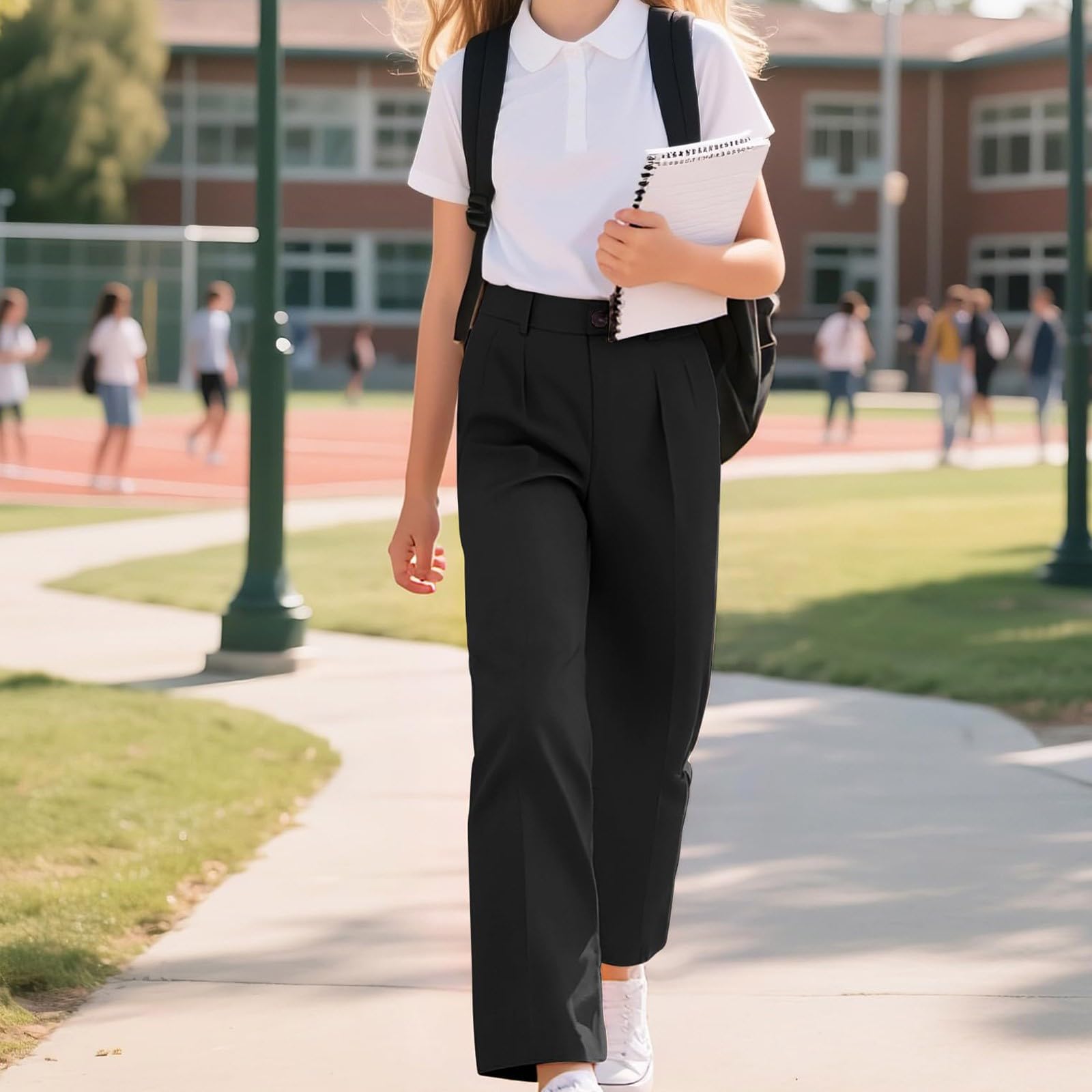 Pantalones escolares para niñas cintura media elástica uniforme con bolsillos