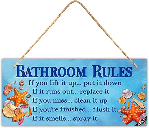 Decoración de baño de playa, letrero colgante de pared con reglas de baño, placa de madera con conchas y estrellas de mar, arte de pared para