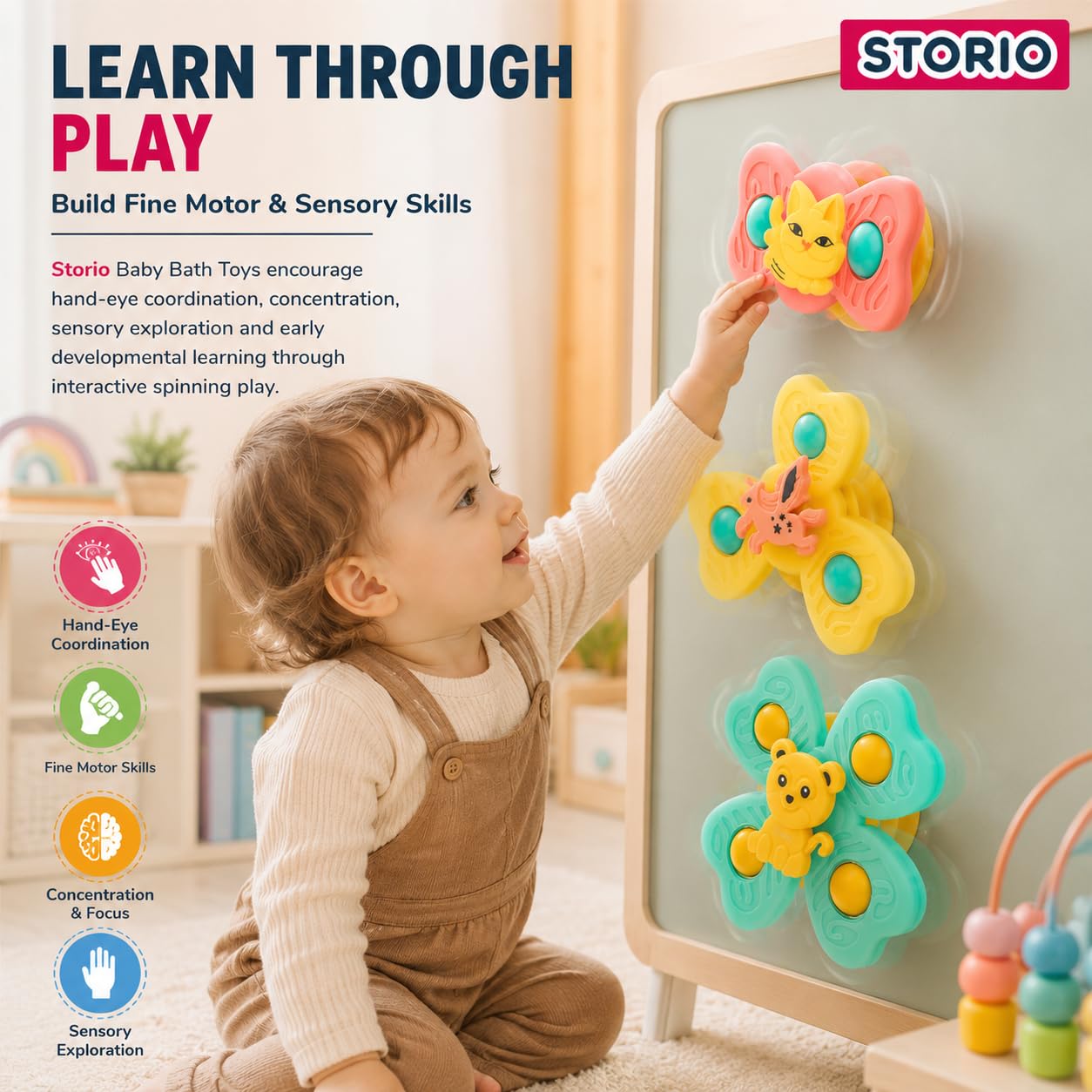 Storio Baby Products Bath Toys Suction Cup Spinner Toy | Set of 3 | for Baby Boys Girls | Pop up Waterproof Suction Cup Spinning Top Rotating Montessori Learning Toy 1
