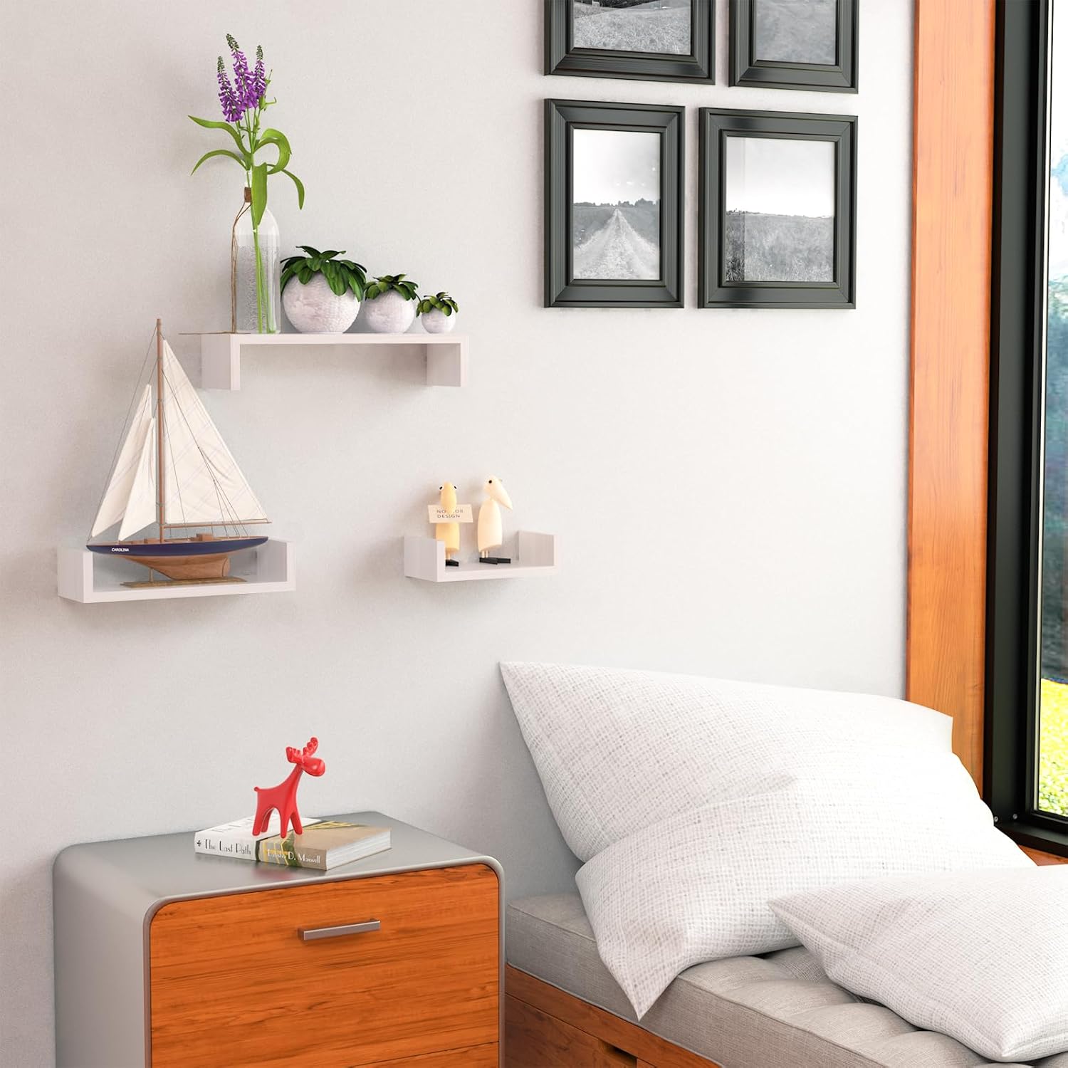 sriwatana floating shelves wall mounted, solid wood wall shelves, white 1.white