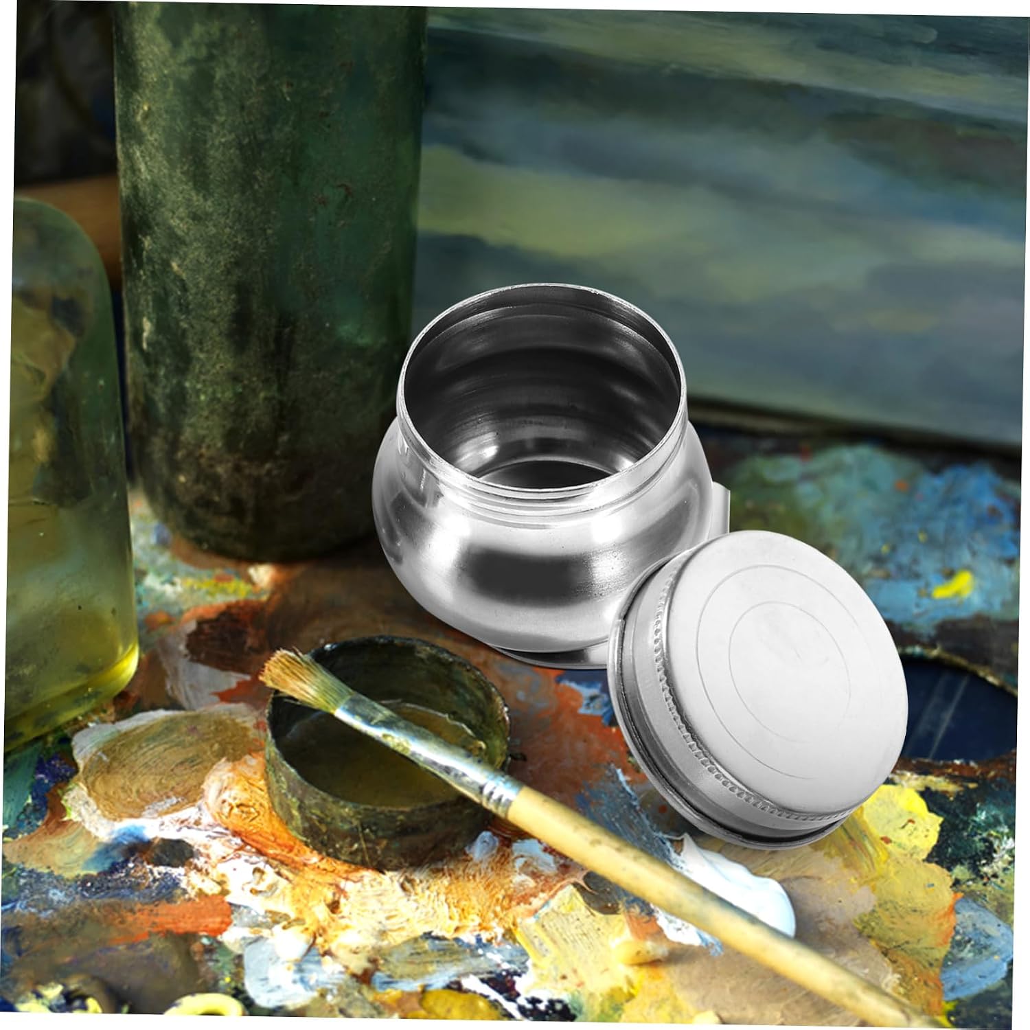 BEBEMOKO 2pcs Oil Palette Cup Stainless Steel Paint Mixing Pot Lid and Cup Cradle