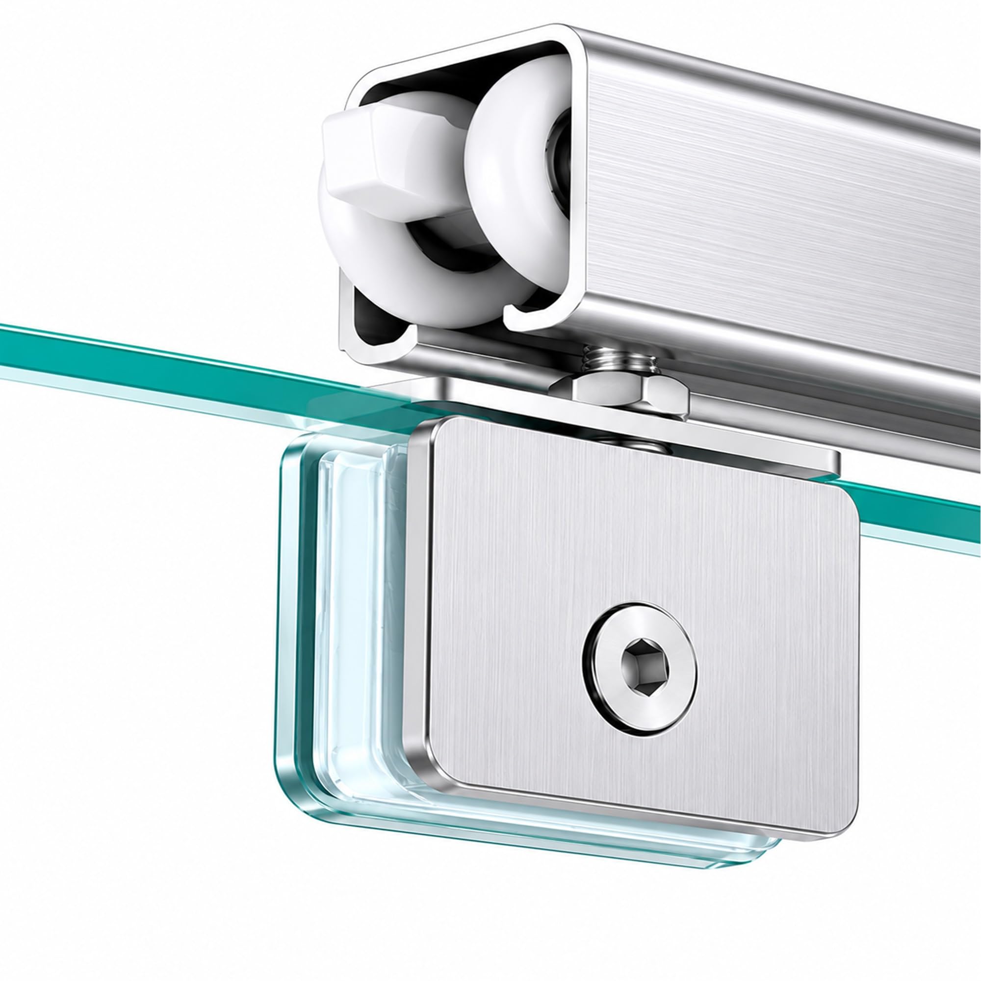 Kit De Riel For Puerta Corrediza De Vidrio, Riel For Colgar De Aleación De Aluminio Con Abrazadera De Acero Inoxidable, Herrajes Con Rodillos De 4 Ruedas For 5-8 Mm(Silver,270cm/106.3in)
