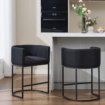 Riknuxi Counter Height Bar Stools Set of 2, Modern Bar Stool with Back, Barrel Bar Chairs with Metal Frames, Upholstered Barstools for Kitchen Island, Pub, Club Black