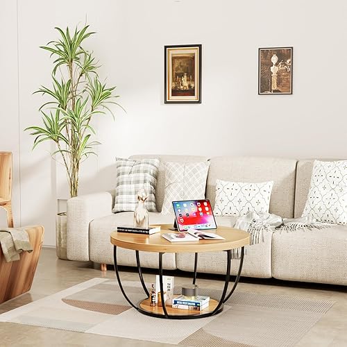 Miniatura 7 de ROOMTEC Mesa auxiliar redonda de 31.5 pulgadas, mesas de centro de 2 niveles para sala de estar, mesa de centro de madera pequeña con